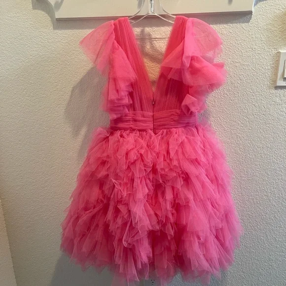 Mac Duggal Pink Flutter Ruffle Sleeve Tiered Dress - Picture 6 of 7